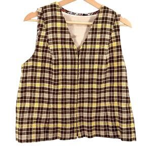 Vintage 90s Handmade Brown Yellow Plaid Zip-Front Vest Blouse